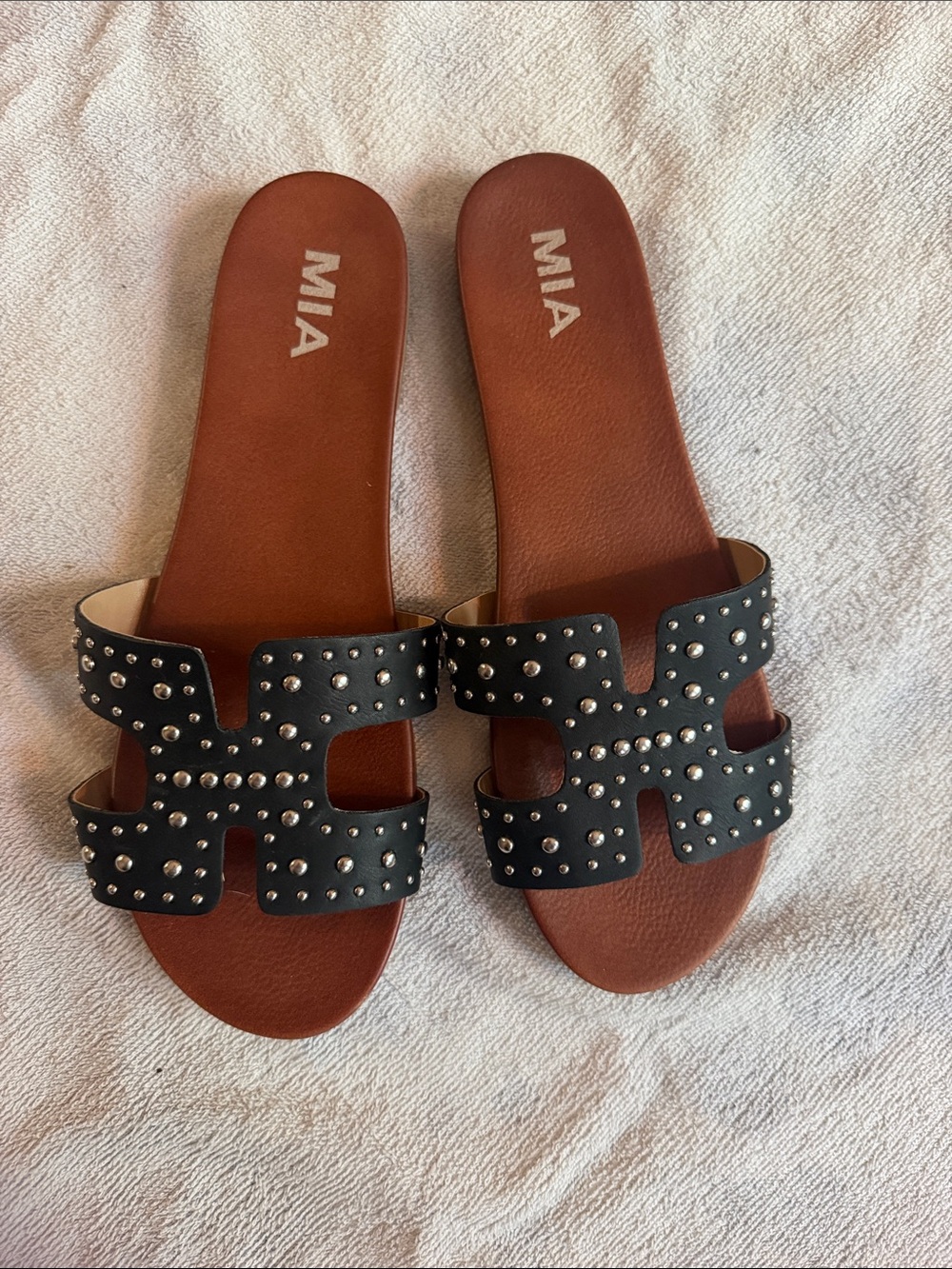 MIA Black Studded Slide Sandals with Brown Footbed